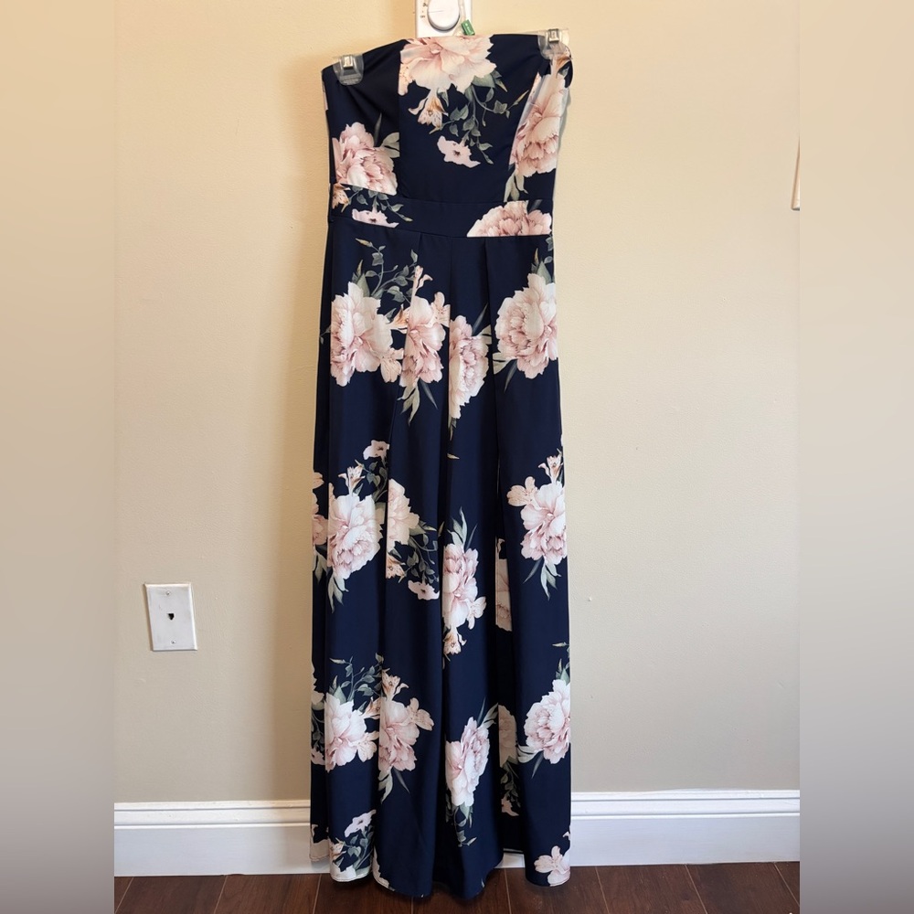 Navy Floral Strapless Jumpsuit with Leg Slits